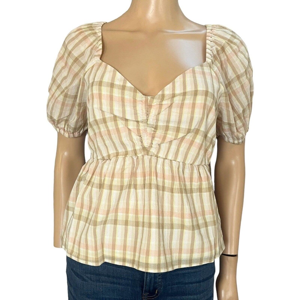 BP Plaid Peplum Blouse Puff Sleeve Sweetheart Neck